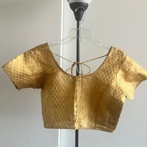 New Gold Brocade Cotton Lining Saree Sari Blouse Choli Cropped Round neck 42 XL